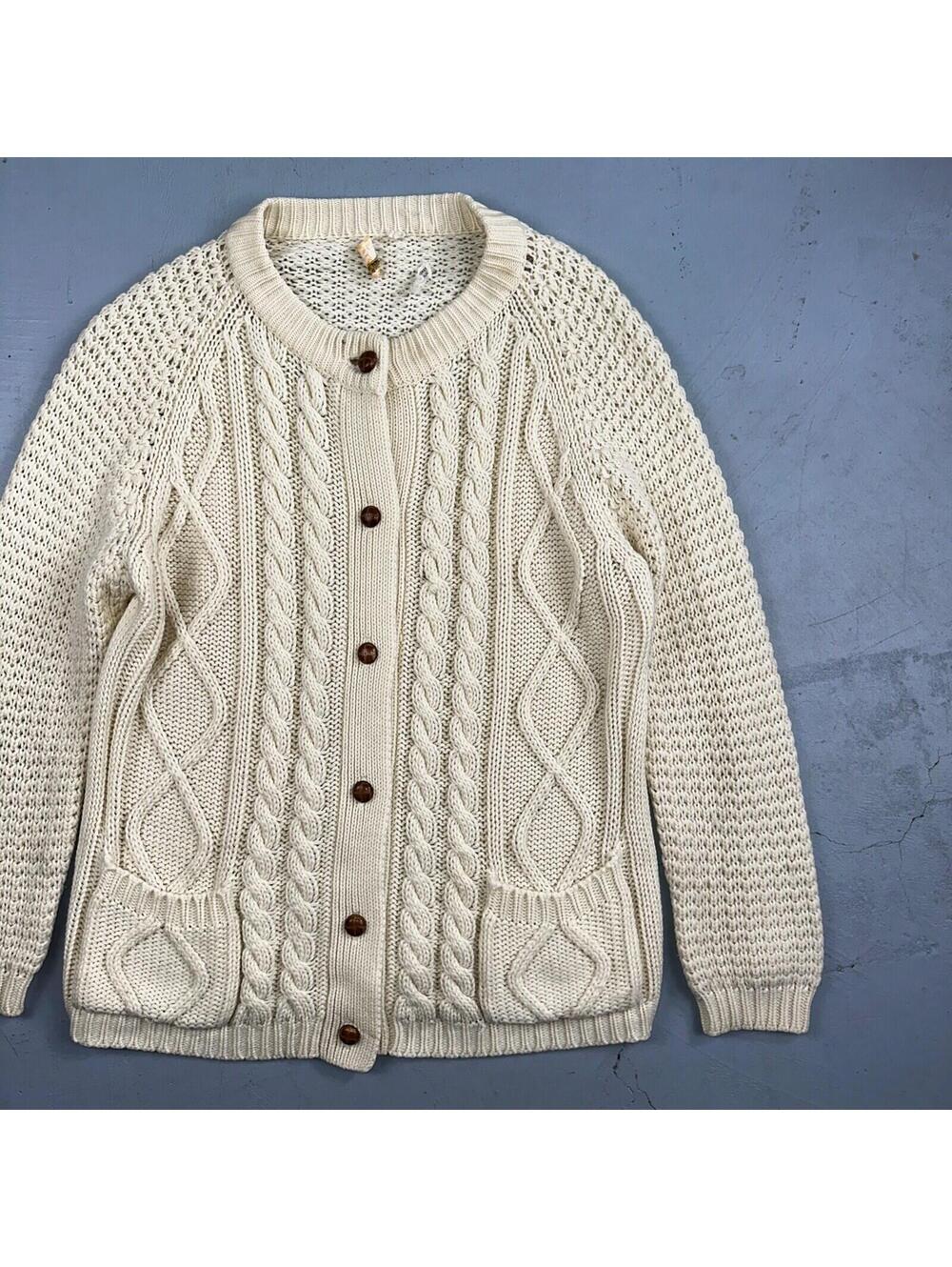 Vintage Hudson Bay Cardigan Acrylic Sweater Ivory Cable Knit Fisherman 80s Korea